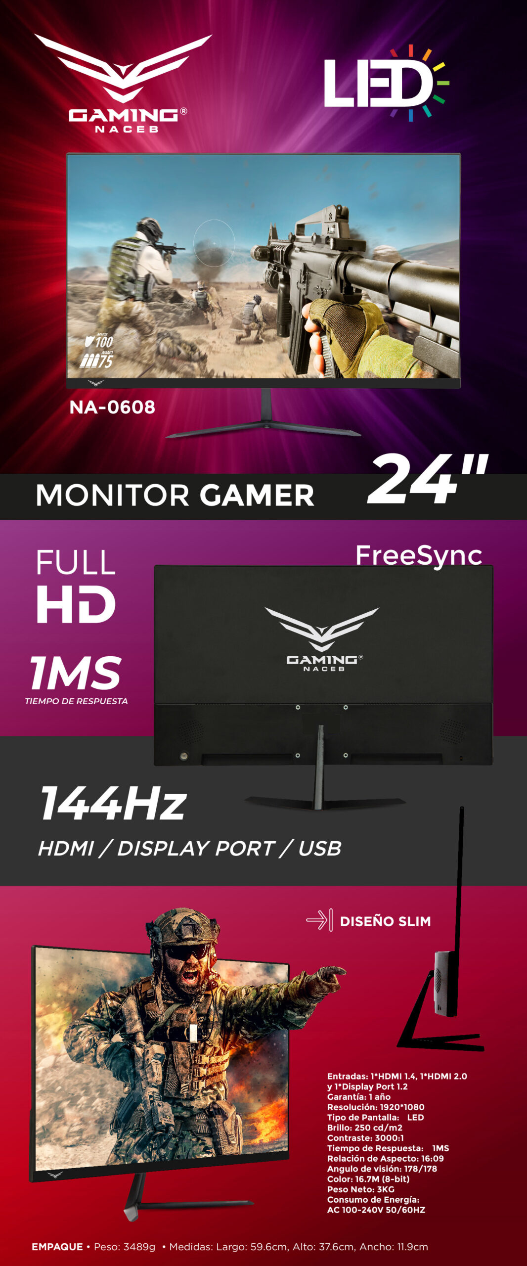 Monitor Gamer NACEB 24 Pulgadas FHD 144hz 1ms DP+HDMI+USB+Plug 3.5