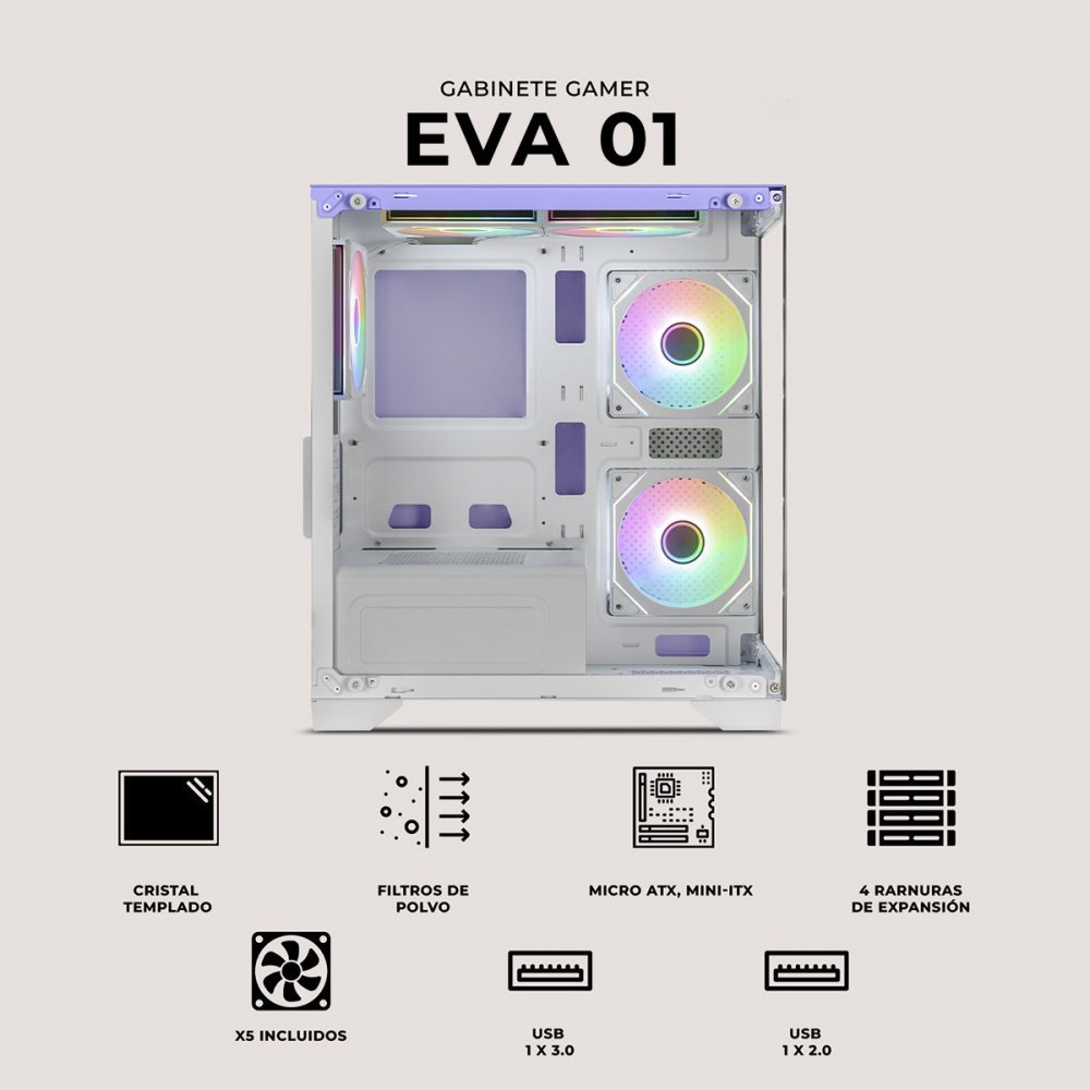 Gabinete Xtreme PC Gaming Evangelion 01 Comic| Mini-Tower| Micro-ATX/Mini-ITX| USB 2.0/3.0| sin Fuente| 5 Ventiladores Instalados| Color Morado - Imagen 4